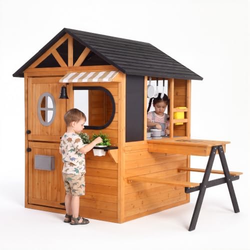 Outdoor Playhouse, Wooden Kids Playhouse for Pretend Play Ages 3-8