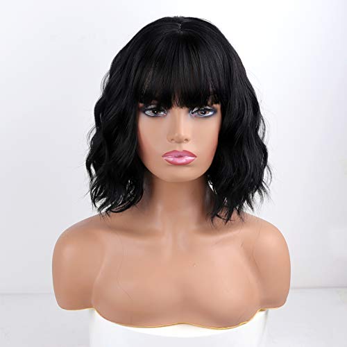 Missqueen Short Wavy Black Wig With Bangs, Short Black Bob Wigs For Women, Wavy Bob Wig With Bangs Synthetic Natural Looking Heat Resistant Fiber Wigs #TOP1