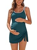 SHEKINI Geripptes Umstands-Bade-Kleid – Umstands-Badeanzug mit integriertem, im Bund zu bindendem Rock (Large, Blau Grün)