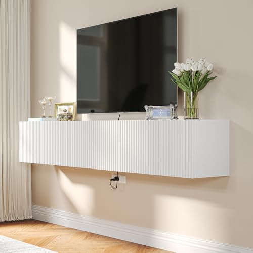FloatiCasa Floating TV Stand with 3 Doors,55IN Wall Mounted TV Cabinet,Floating Media Console Slatted Entertainment Center with Storage,Under TV Shelf for Bedroom Living Room,White