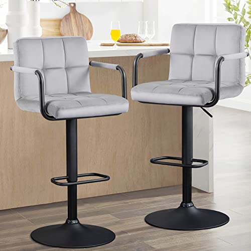 Furnimart Adjustable Bar Stool Swivel Barstools Set Of 2 Counter Stools With Armrest And Footrest Upholstered Bar Chairs For Kitchen And Dining Room (Velvet-Grey) #TOP1