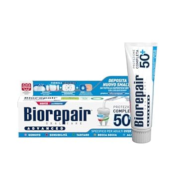 Biorepair, Dentifricio Advanced Protezione Completa 50+, Per Adulti Over 50, Con MicroRepair, Probiotici e Estratti Antiossidanti, Senza Fluoro, 12x75ml