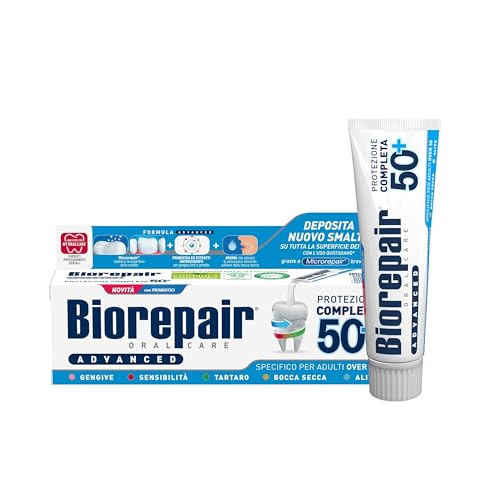 Immagine prodotto: Biorepair, Dentifricio Advanced Protezione Completa 50+, Per Adulti Over 50, Con MicroRepair, Probiotici e Estratti Antiossidanti, Senza Fluoro, 12x75ml