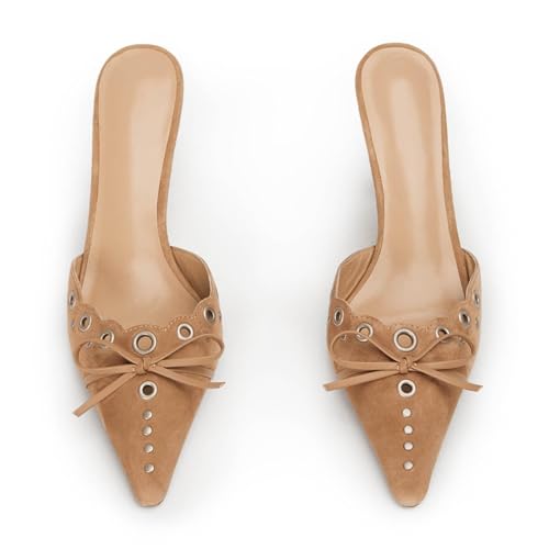 Image of DOEYG Women Pointed Toe Bow Heels Mules Slip on Stiletto Heels Sandals Dress Party Wedding Studded Heels Pumps