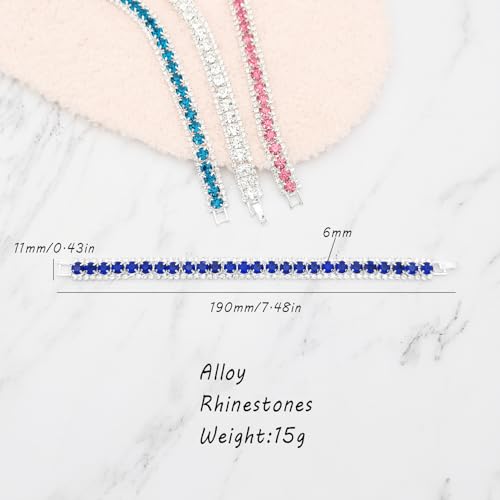 JSEA Bracelete de tênis feminino multicolorido com strass de corte redondo 6 mm folheado a prata Azu