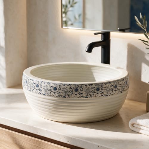 Image of Backline Moroccan Table Top Wash Basin For Bathroom | Matt Basin | Countertop Basin For Home /Office /Hotels 41 X 41 X 14 Cm(White Blue Matt)(5 Years Warranty)