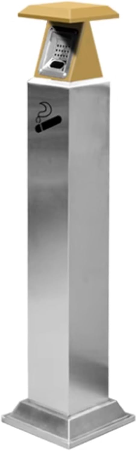 Stainless Steel Standing Ashtray, Tall Metal Cigarette Disposal Container, Cigarette Butt Disposal Column with Lid, Lockable Cigarettes Butt Receptacle for Smoking Area(Silver+Yellow)