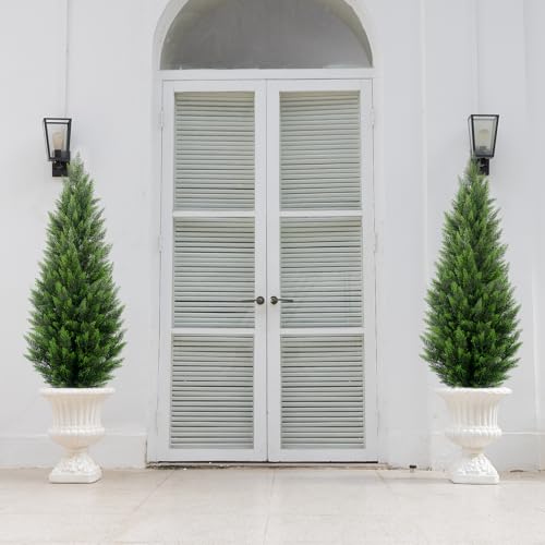 Artificial Topiary Cedar Trees 5FT Tall 2 Set, Outdoor Indoor Faux Pine Shrubs Plants, Realistic Fake Plants Front Porch Decor, Artificial Bushes Cypress for Home Front Door Offices