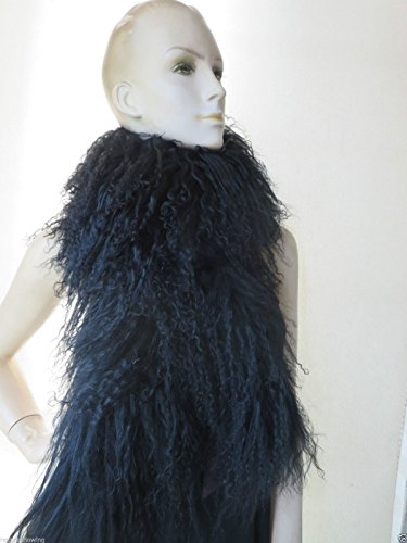 Real Mongolian Lamb Fur Scarf Wool Wraps Black Overlength Warm #TOP3