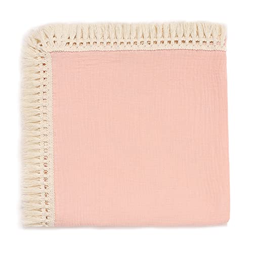 Image of insular Cotton Muslin Baby Blanket with Tassel, Boho Bohemian Muslin Swaddle Blanket Baby Receiving Blanket with Fringe, Nursery Decor Throw or Nursing Blankets, 47" x40”, Pink