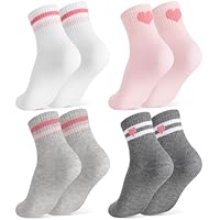 Zuimei 4 Pairs Girls Boys Crew Socks Kids Sport School Socks Junior Cute Cotton Sock with Stripe Heart 6-9 Years