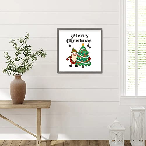 Rustic Style 12X12In Wooden Wall Art Sign With Merry Christmas Dwarf With Christmas Tree Hang Gray Frame Wooden Plaque For New Home Farmhouse Garden Yard Porch Cottage Xmas New Year Decor #TOP6
