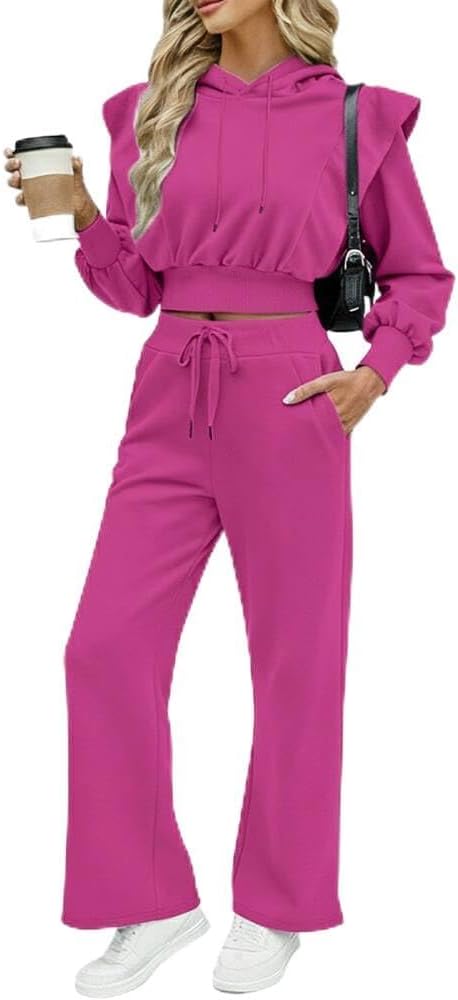 CHICME Womens 2 Piece Outfits Cropped Long Sleeve Hoodie and Wide Leg Sweatpants Set Fall Fashion Sweatsuit Tracksuit