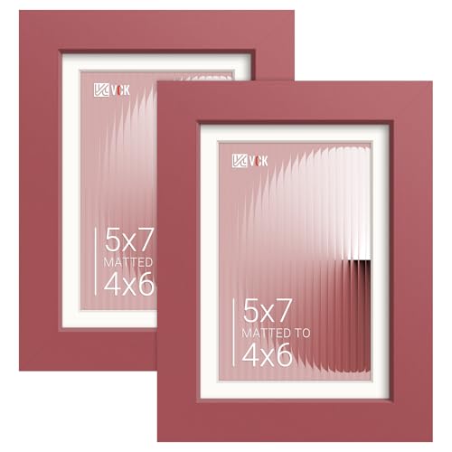 Image of VCK 5x7 Picture Frame 2 Pack, Red Wood, 4x6 Mat, Glass, for Photo Print