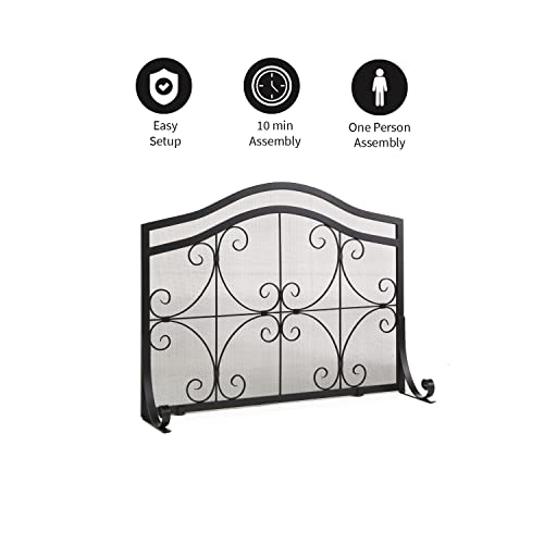Plow & Hearth Metal Fireplace Screen Crest Arch Black | 44" W X 33" H | Flatguard | Spark Guard Indoor Grate | Iron Fire Place Cover | Wood Burning Stove Decorative Accessories #TOP5