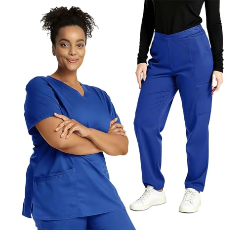 Image of 2026 Scrub Set for Women, Modern Classic V-Neck Scrubs Top with Straight Leg Pant Multi Pockets Housekeeping Uniform