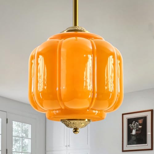 Dalouguan Vintage Yellow Glass Pendant Light, 9.8 Inch Cylindrical Lantern Chandelier with Brass Accents, Hanging Light Fixture for Kitchen Island, Bedroom, Dining Room