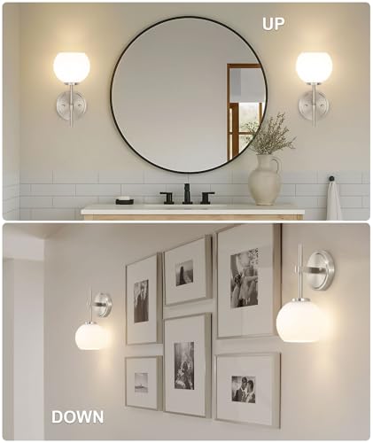 Image of Brushed Nickel Battery Operated Wall Sconce Set of 2, Wireless Rechargeable Sconces Wall Lighting with Remote Control, LED Wall Lights with Opal White Glass Shade, 12 Colors RGB & 3 CCT Bulb
