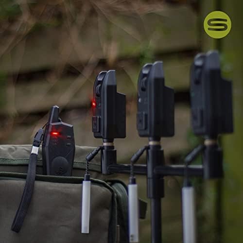 Saber - S4 Wireless Bite Alarms Set - 3 in 1 - Carp Coarse Fishing Set - Adjustable Volume & Tone - 4 Way Receiver - Removable Snag Ears - Vibration Function - LED Lights - Perfect For Fishing