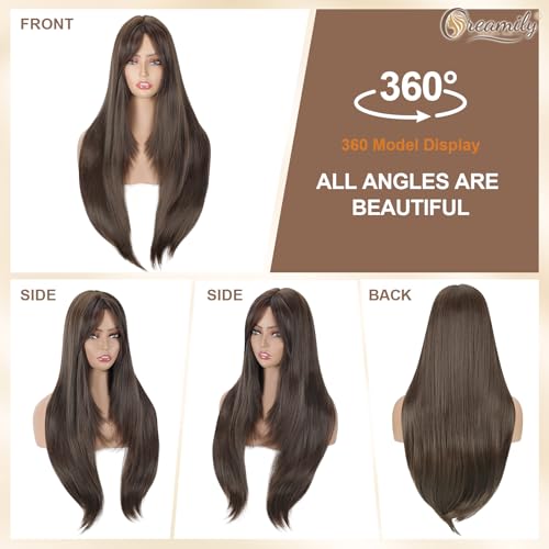Image of Creamily Long Straight Layered Brown Wig for Women 24 Inch Synthetic Hair Full Head Wigs for Women with Bangs for Party Cosplay (Brown, 24 Inch)