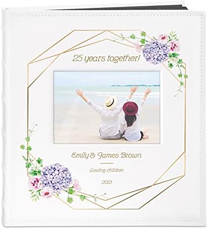 Murrano Photo Album for Couples- White Cover with a Photo Frame and a Stylish Print - 60 Black Pages to Fill in - Up to 240 Images in Multiple Size - Personalised Wedding Gift - Olives