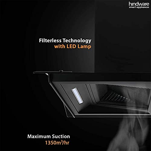 Image of Hindware Nadia 90 cm 1350 m /hr Stylish Filterless Auto-Clean Kitchen Chimney with Oil Collector, Motion Sensor & Touch Control For Easy Operation (Curved Glass, Black)