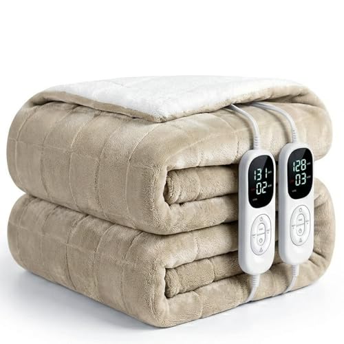 Image of IUUI Heated Blanket Electric King Dual Controller- 90x100 Inches Soft Flannel Heating Blanket,Fast Heating Blanket 6 Heating Levels & 2 Hours Auto Off ETL Certification (Light Brown, King 90 inch x 100 inch)