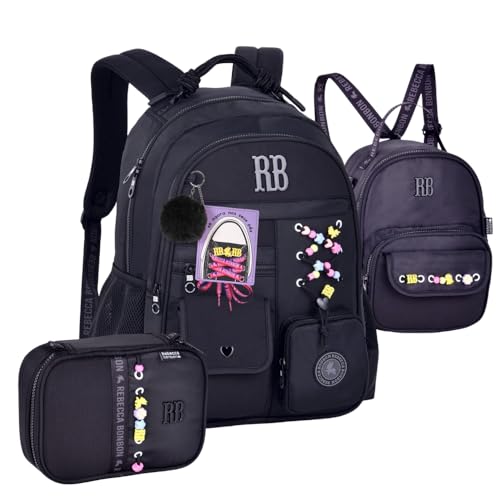 Kit Mochila de Costas Rebeca Bonbon Cadarço Estojo Box e Lancheira 2x1 (PRETO)