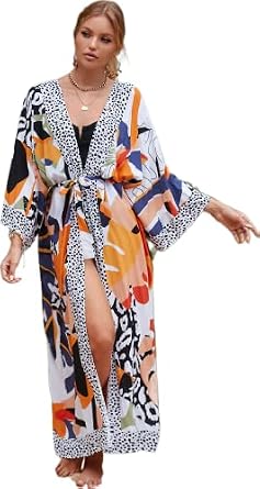 RanRui Kimono Robe Women Open Front Kimono Duster Robes with Belt Loose Over Sized