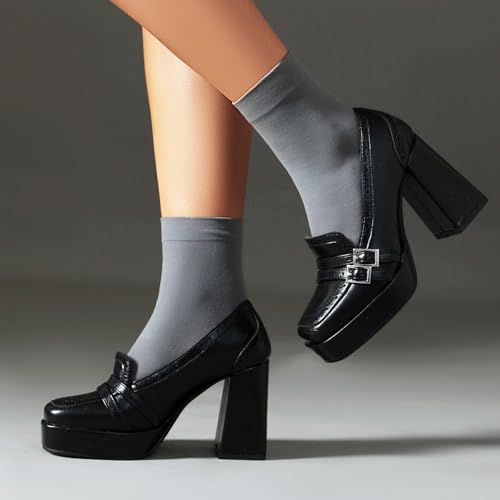 Image of Women's Leather Buckle Chunky High Heel Loafers Pumps Fashion Closed Round Toe Slip On Platform Block Heel Pumps Comfort Office Work Dressy Shoe