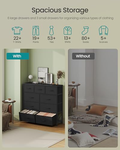 Image of SONGMICS BELLAH Collection - Dresser for Bedroom, Chest of Drawers, Storage Organizer Unit, Closet, Entryway, Steel, 9 Drawers, Modern, Ink Black and Ebony Black ULGS324B01S