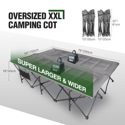 Image of RedSwing 2 Person Camping Cot, Grey with Ultra Light Sleeping Bags 2pcs | Heavy Duty 500lbs, Portable Oversized Folding Queen Size For Double Adult, Indoor Office Outdoor