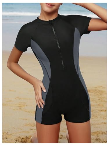 Milumia Girl's Colorblock Rash Guard Swimsuit Mock Neck Short Sleeve One Piece Bathing Suits2