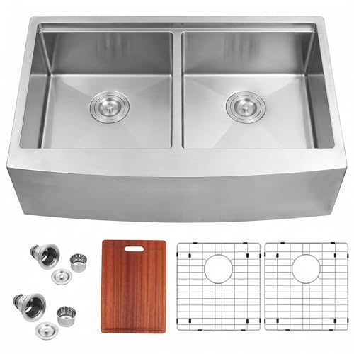 MILOSEN 33x20x10 Inch Farmhouse Kitchen Sink, Undermount 16 Gauge Stainless Steel 50/50 Double Bowl Sink, Workstation Apron Front Farm Sink with Integrated Ledge & Accessories, 10'' Deep Handmade Sink