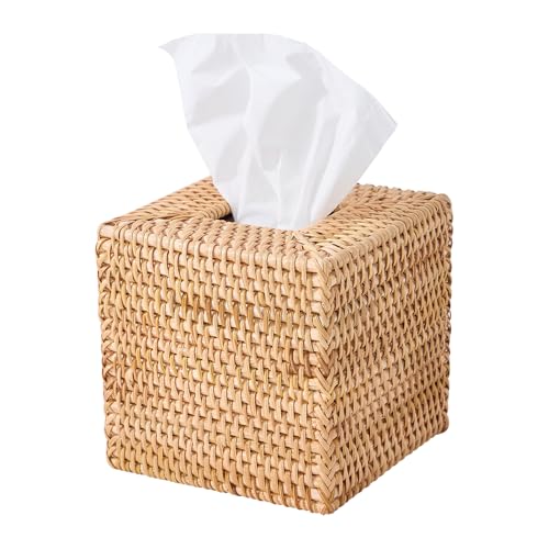 Hand-Woven Rattan Tissue Box Cover Square Wicker Tissue Holder Natural Woven Facial Napkin Holder