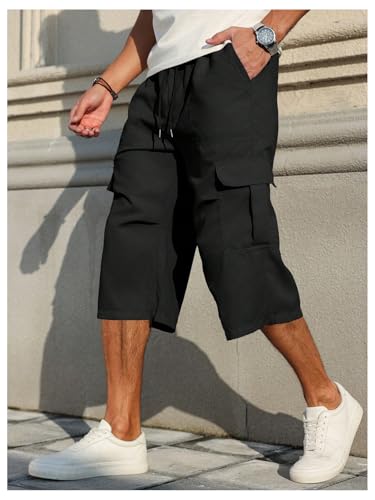 GORGLITTER Men's Baggy Capri Pants Drawstring Waist Straight Leg Flap Pocket Cargo Pants Streetwear2