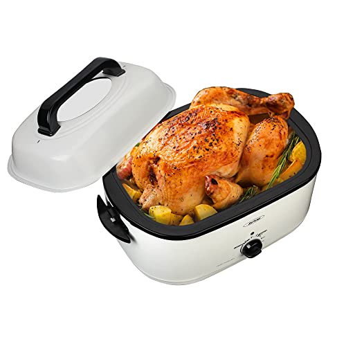 Roaster Oven, 24 Quart Electric Roaster Oven, Turkey Roaster Oven Buffet with Self-Basting Lid, Removable Pan, Cool-Touch Handles, Stainless Steel White Roaster Oven, 24 Quart Electric Roaster Oven, Turkey Roaster Oven Buffet with Self-Basting Lid, Removable Pan, Cool-Touch Handles, Stainless Steel White