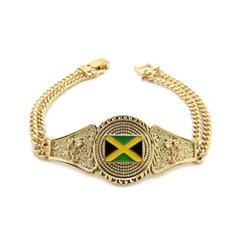 CBC Crown Dominican Republic, Jamaica Flag Center Piece 8 Inches Cuban Link Chain Bracelet in Gold or Silver Tone