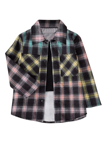 WDIRARA Girl's Plaid Button Down Blouse Color Block Collared Long Sleeve Shirts with Pocket