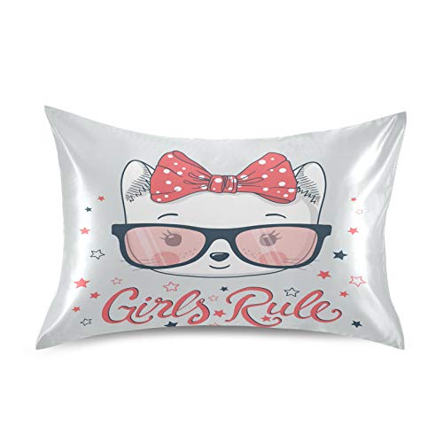 Satin Pillowcase for Hair and Skin Silk Pillowcase King Size Cute Animal Cat Sunglass Pillow Cases Cooling Satin Pillow Covers with Envelope Closure