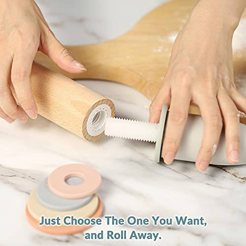 Image of Geesta Adjustable Wood Rolling Pin with 5 Thickness Rings, Precise Dough Roller Handle Press Design with Measurement Guide for Fondant, Pizza, Pie Crust, Cookie, Pastry Baking Decorating Accessories