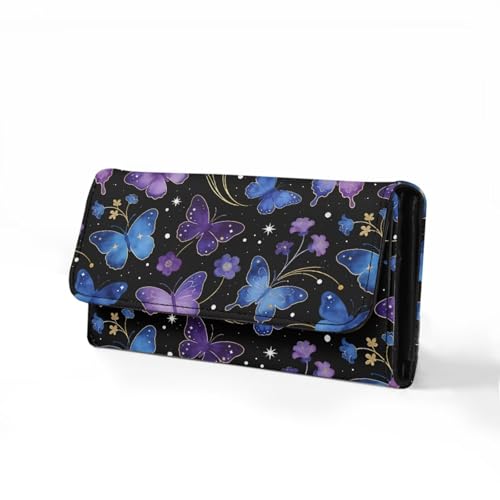 Image of AFPANQZ Purple Blue Butterfly Women's PU Leather Three Fold Wallet, Long Trifold Clutch Purse, Credit Card Money Organizer with ID Window