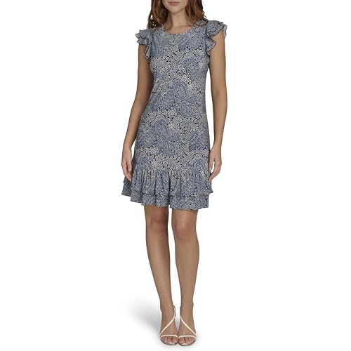 Image of Tommy Hilfiger Women's Sleeveless Crew Neck Double Ruffle Hem Jersey Shift Mini Dress