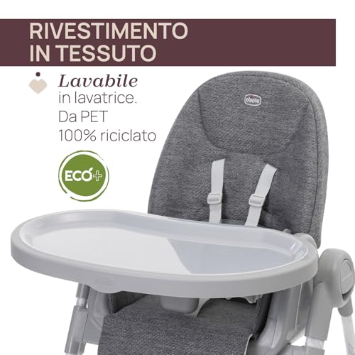 Chicco Polly Armonia Seggiolone Evolutivo Pappa per Bambini da 0 Mesi a 40 kg, Sedia Evolutiva, Seggiolone Reclinabile a Sdraietta con Altezza e Poggiapiedi Regolabili, 4 Ruote, Compatto, Grigio - 10