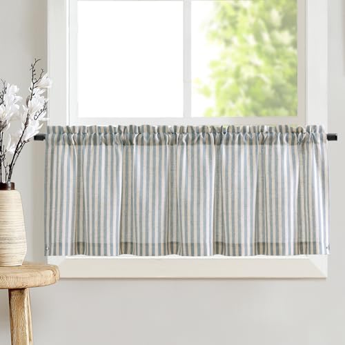 TOPICK 1 Stück H 40 x B 125 (cm) Scheibengardine modern Gestreift Leinen Gardinen mit Streifen Küchenvorhang Blickdicht Kurz Küchengardinen für Küchen lichtdurchlässig Klein Fenster Blau auf Beige