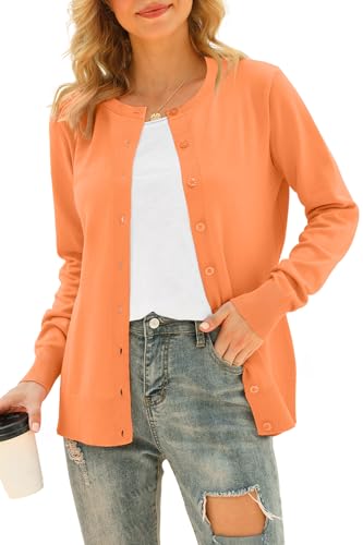 YUNDAI Womens Cardigans Long Sleeve Open Front Knitted Ladies Cardigan Button Round Neck Sweater for Women UK Lightweight Solid Color Jumpers, Small Orange