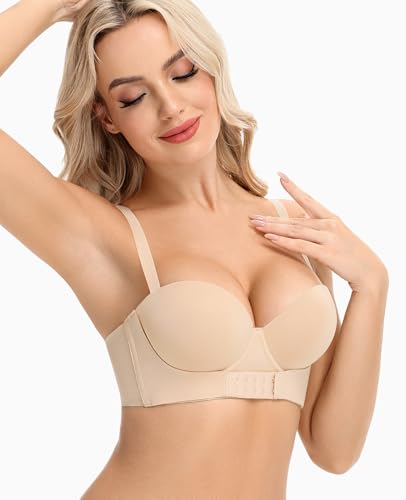 Strapless Push Up Bra with Clear Straps Front Closure Convertible Balconette Padded Underwire Bras for Women4