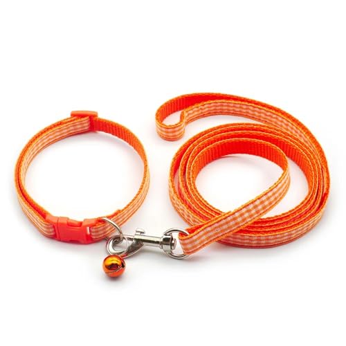 Small Dog Puppy Pet Collar and Lead Set Check Design Nylon Adjustable Size 19-32cm Collar with Bell and 120cm Leash Orange - Image 2