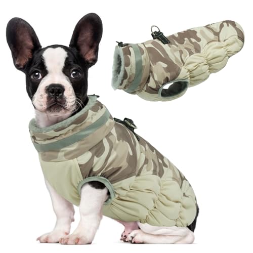 Lelepet Warm Dog Winter Coat Dog Coats for Small Dogs Waterproof Dogs Jacket with Harness Built in Reflective Cold Weather Coats Windproof Zip-Up Winter Fleece Vest Snowsuit Chihuahua Desert Camo