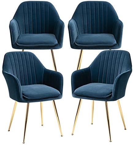AVAWING Modern Living Dining Room Accent Arm Chairs Set of 4, Velvet Mid-Century Upholstered Seat Club Guest with Golden Legs, Blue